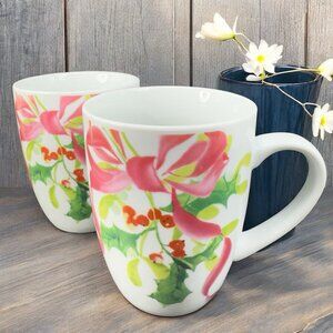 Paula Deen Christmas Wreath Coffee Mug Cup Set 2 Ceramic Mugs Cups Floral VTG